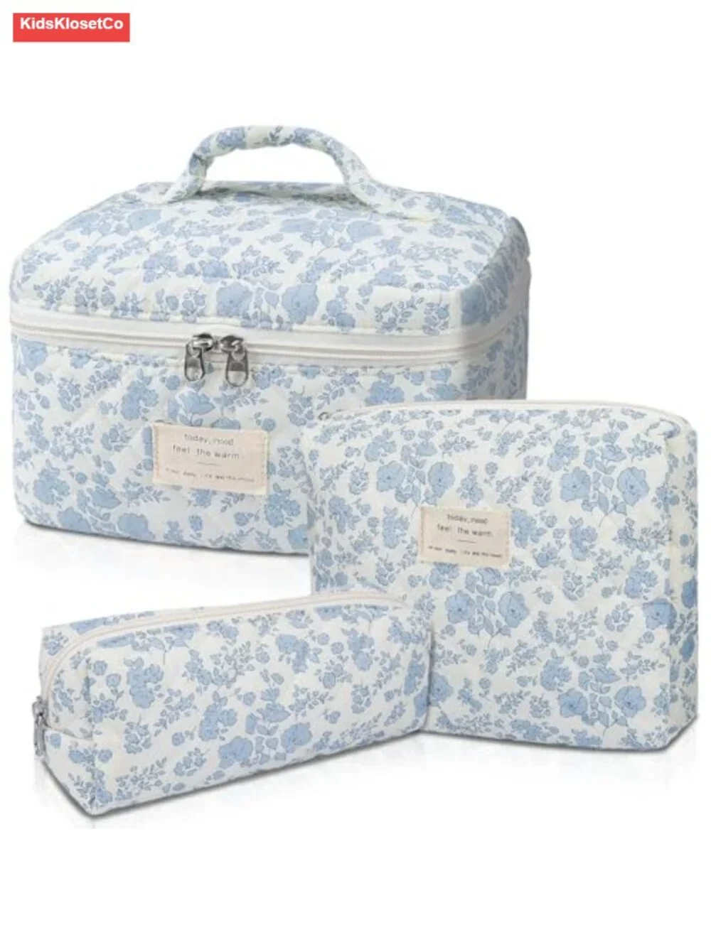 Large Quilted Cotton Cosmetic Bag Set with Floral Pattern Travel Toiletry